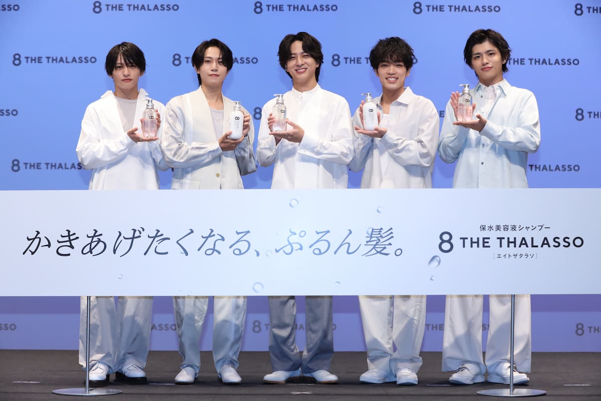 写真 人物 新CM発表会に登壇した、timelesz。(画像左から)猪俣周杜、橋本将生、寺西拓人、原嘉孝、篠塚大輝