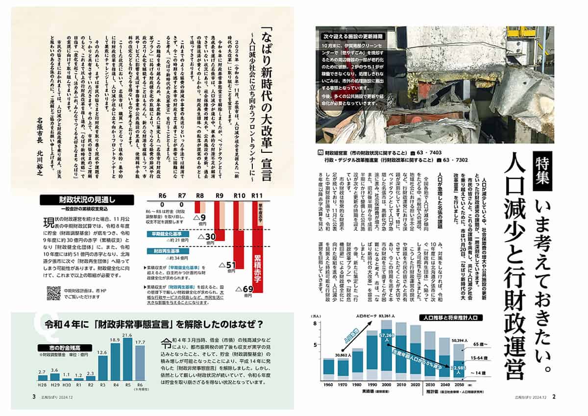 広報なばり 令和6年12月号では、市の行財政運営の厳しい現状を特集。