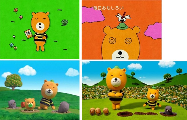 「ひなたぼっこ」篇(左上)、「トンボ」篇(右上)、「モグラたたき」篇(左下)、「はちきんダンス」篇(右下)
