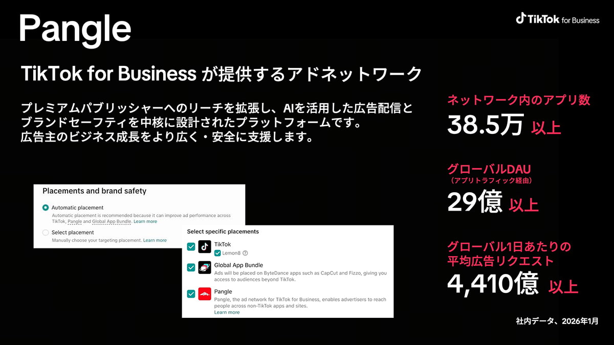 縦型動画をメインに様々なアプリやWebサイトに広告配信が可能。グローバルDAUは29億超と規模の大きさも魅力